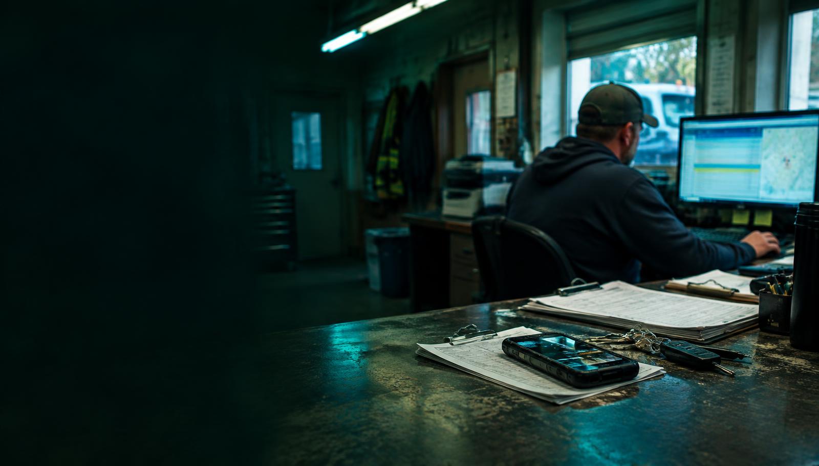 A working dispatch desk with a phone, job sheets, and business dashboard